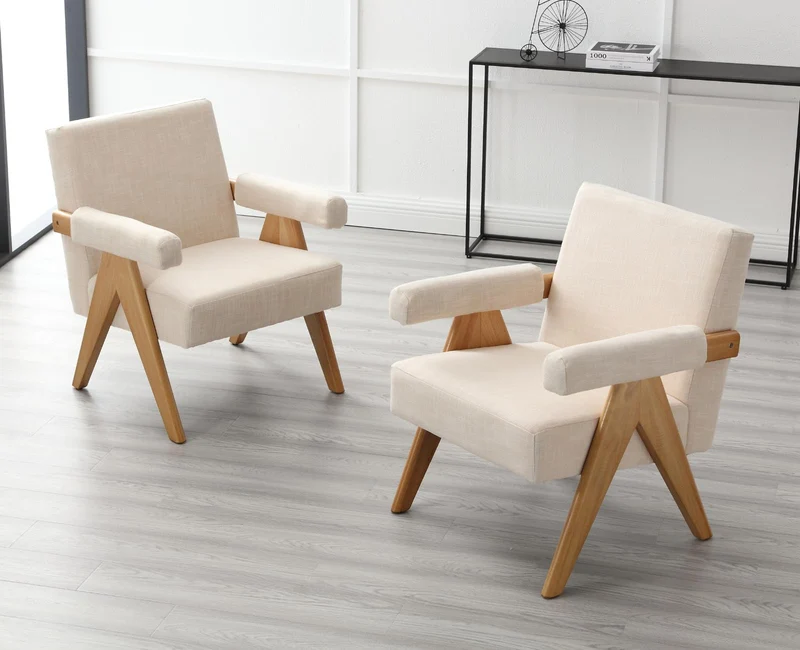 Wahson Fauteuil de Salon en Lin en Bois Massif Fauteuil Salon Confortable avec Accoudoirs Fauteuil pour Chambre/Salon, Beige