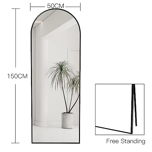 CASSILANDO Bow Miroir Complet du Corps avec Support 150 x 50 cm, Miroir de Sol, sur Pied Arrondi, Grand Miroir Mural dans la Chambre à Coucher, Dressing (Noir)