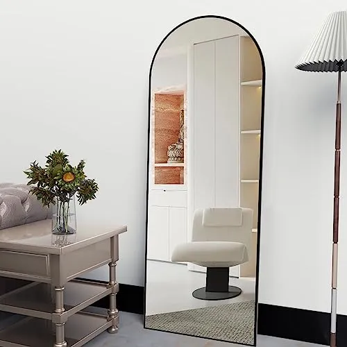 CASSILANDO Bow Miroir Complet du Corps avec Support 150 x 50 cm, Miroir de Sol, sur Pied Arrondi, Grand Miroir Mural dans la Chambre à Coucher, Dressing (Noir)