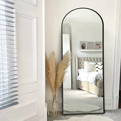 NeuType Grand Miroir de Sol arqué avec Support pour Chambre à Coucher Debout ou penché Contre Un Mur en Alliage d'aluminium Noir 165 x 56 cm