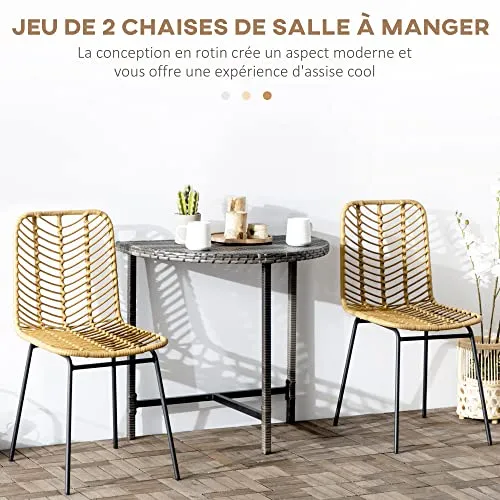 HOMCOM Lot de 2 chaises de Salle à Manger Design bohème en résine tressée Imitation rotin et piètement métal - 44 x 58 x 85 cm - Jaune
