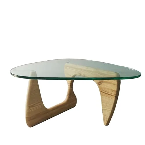 Table basse moderne, table basse avec plateau en verre, table basse en verre et bois, table basse triangulaire en bois, pièce maîtresse élégante et robuste, plateau en verre trempé, parfaite for la dé