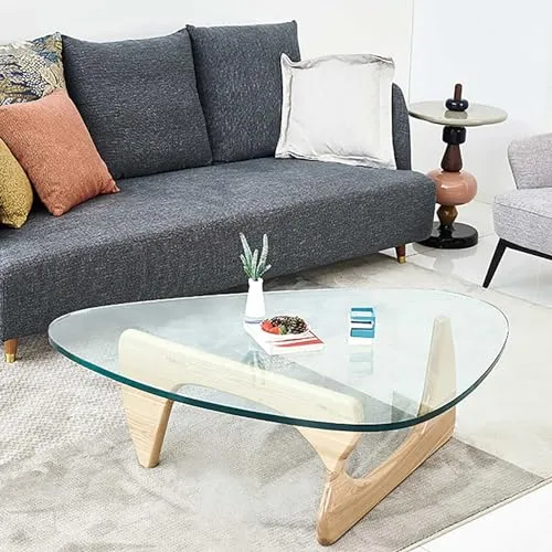 Table basse moderne, table basse avec plateau en verre, table basse en verre et bois, table basse triangulaire en bois, pièce maîtresse élégante et robuste, plateau en verre trempé, parfaite for la dé