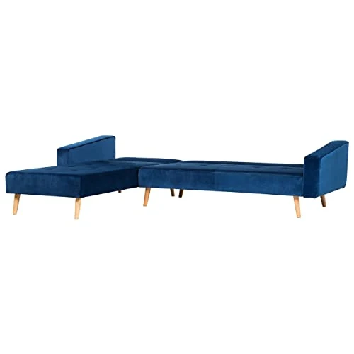 Canapé d'Angle Côté Droit Convertible pour 4 Personnes en Velours Bleu et Pieds en Bois pour Salon Scandinave Beliani