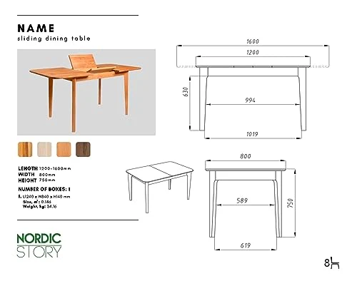 NORDICSTORY Table de salle à manger extensible France, bois massif de chêne, style nordique ou scandinave, design moderne pour salon, 4-8 personnes, 120-160 x 80 x 75 cm (chêne miel)