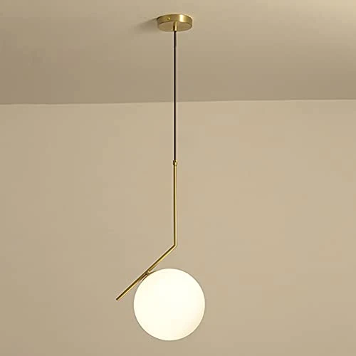 HJXDtech Luminaire Suspension avec abat-jour boule en verre blanc Lampe à suspension de plafond Loft Bar en métal doré, Cuisine Salon & Salle à manger Lustre (1-lumière)
