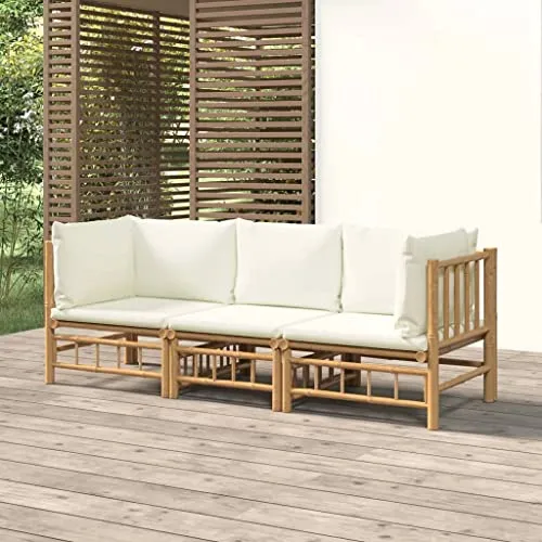 lvssiao Salon de jardin 3 pièces avec coussins blanc crème en bambou solide pour un usage quotidien