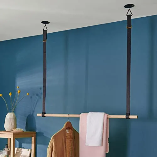 MOB-IN Kit penderie Suspendue Effet Cuir - Barre Portant Dressing sous Plafond 1 m + Lanière Ceinture Simili Cuir - VIKY