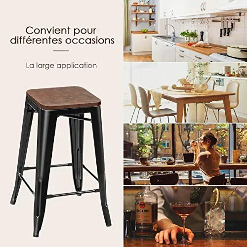 COSTWAY Lot de 4 Tabouret Bar Tolix Empilable de Style Industriel Vintage Siège en Bois avec Repose-Pied et Patin du Pied pour Salle à Manger, Salon, Cuisine, Hauteur 64,5 CM, Jusqu’à 150 KG, Noir