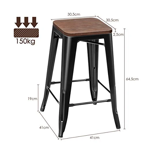 COSTWAY Lot de 4 Tabouret Bar Tolix Empilable de Style Industriel Vintage Siège en Bois avec Repose-Pied et Patin du Pied pour Salle à Manger, Salon, Cuisine, Hauteur 64,5 CM, Jusqu’à 150 KG, Noir