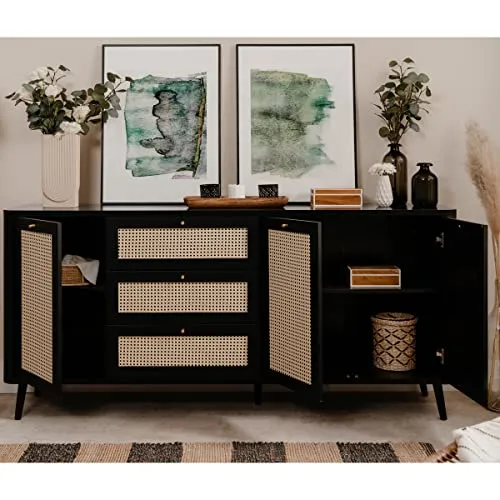 HOMIFAB Buffet cannage et Effet Bois Noir 175 cm - Padang