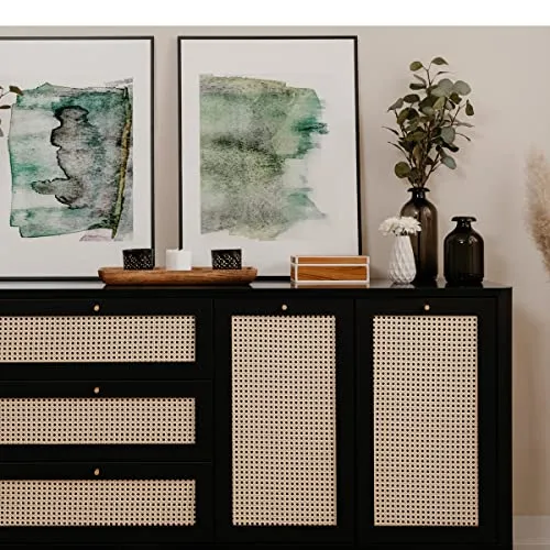 HOMIFAB Buffet cannage et Effet Bois Noir 175 cm - Padang