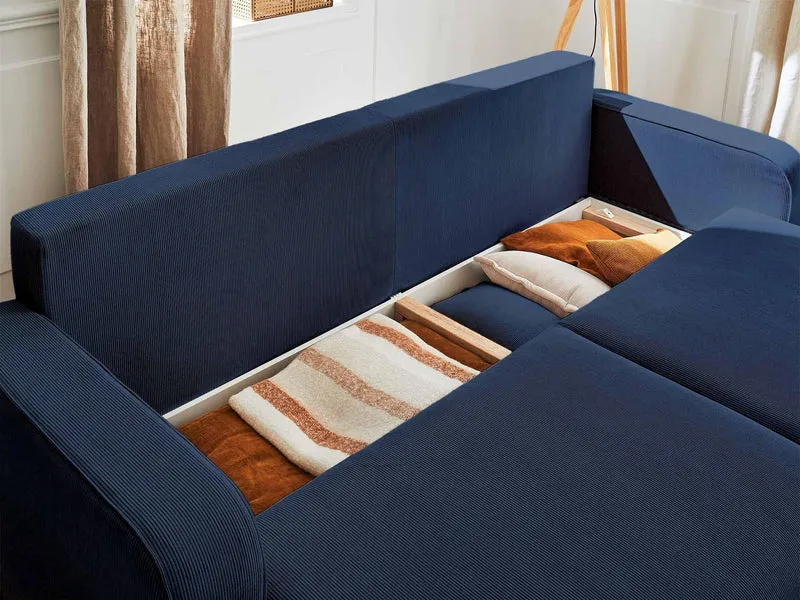 Lisa Design - Billie - canapé 3 Places - Convertible avec Coffre - en Velours côtelé - Bleu Ardoise