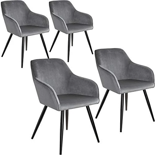 TecTake Lot de 4 Chaises de Salle à Manger Chaises Rembourrées Fauteuil Salon Design Scandinave Pieds en Metal Noirs Élégant avec Accoudoirs – Gris