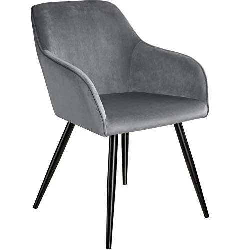 TecTake Lot de 4 Chaises de Salle à Manger Chaises Rembourrées Fauteuil Salon Design Scandinave Pieds en Metal Noirs Élégant avec Accoudoirs – Gris