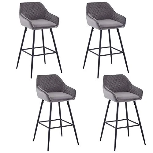 JaHECOME Lot de 4 Tabourets de Bar Gris avec Dossier et Accoudoir Rembourrés, Chaises de Bar en Velours avec Repose-Pieds en Métal pour Bistrots; Salle à Manger, Soirée