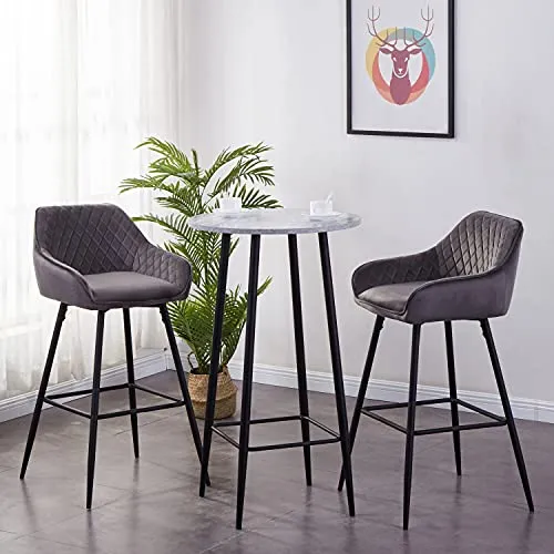 JaHECOME Lot de 4 Tabourets de Bar Gris avec Dossier et Accoudoir Rembourrés, Chaises de Bar en Velours avec Repose-Pieds en Métal pour Bistrots; Salle à Manger, Soirée