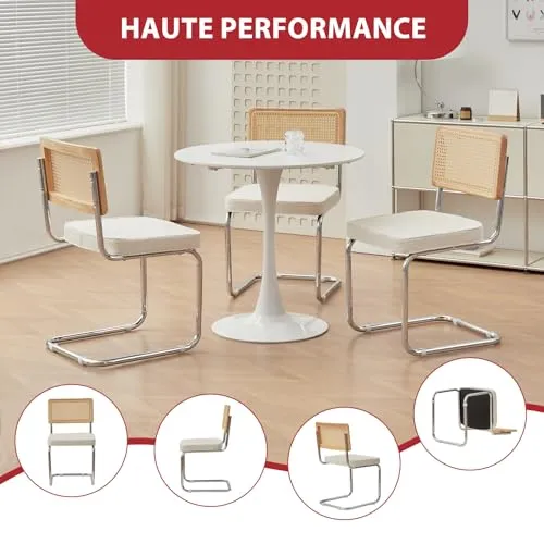 Chaises Salle Manger Lot 2, Chaise Blanche Chaises de Cuisine Tapissées avec Dossier en Rotin, Lot de Chaise en Rotin avec Base en Acier pour Cuisine Salon Chambre à Coucher