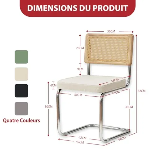Chaises Salle Manger Lot 2, Chaise Blanche Chaises de Cuisine Tapissées avec Dossier en Rotin, Lot de Chaise en Rotin avec Base en Acier pour Cuisine Salon Chambre à Coucher