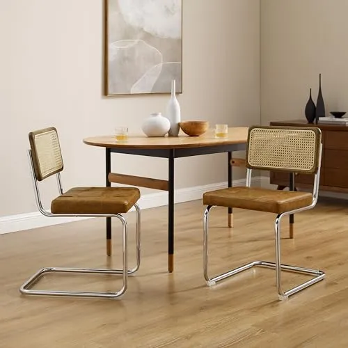Zouron Chaises De Cuisine en Rotin Lot de 2, Chaises De Salle à Manger Modernes du Milieu du SièCle, Chaises De Cuisine sans Accoudoirs avec Dossier en Rotin Tressé, Pieds en MéTal, Marron