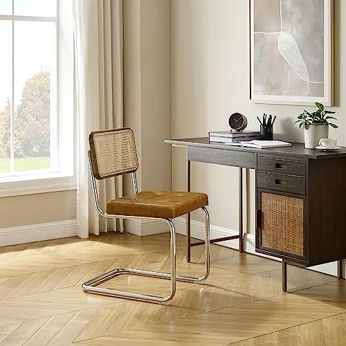 Zouron Chaises De Cuisine en Rotin Lot de 2, Chaises De Salle à Manger Modernes du Milieu du SièCle, Chaises De Cuisine sans Accoudoirs avec Dossier en Rotin Tressé, Pieds en MéTal, Marron
