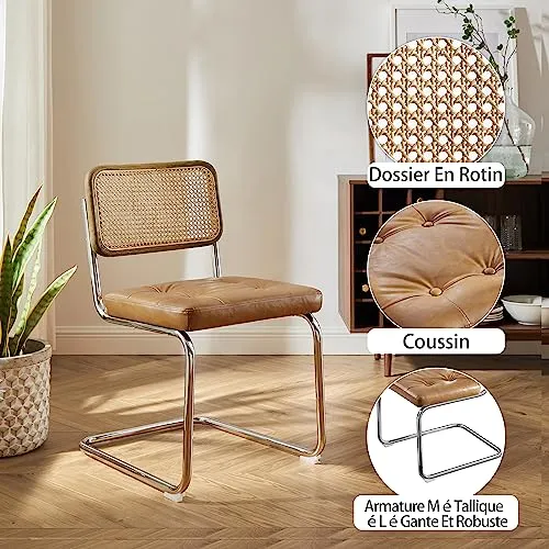 Zouron Chaises De Cuisine en Rotin Lot de 2, Chaises De Salle à Manger Modernes du Milieu du SièCle, Chaises De Cuisine sans Accoudoirs avec Dossier en Rotin Tressé, Pieds en MéTal, Marron