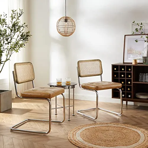 Zouron Chaises De Cuisine en Rotin Lot de 2, Chaises De Salle à Manger Modernes du Milieu du SièCle, Chaises De Cuisine sans Accoudoirs avec Dossier en Rotin Tressé, Pieds en MéTal, Marron