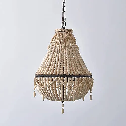 Lustre en perles de bois de style bohème semi-encastré fait à la main avec perles en bois, lampe à suspension pour salle à manger, salon, chambre à coucher, luminaire suspendu E27 3 lumières 14,97''D