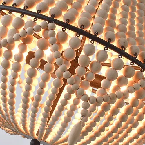 Lustre en perles de bois de style bohème semi-encastré fait à la main avec perles en bois, lampe à suspension pour salle à manger, salon, chambre à coucher, luminaire suspendu E27 3 lumières 14,97''D