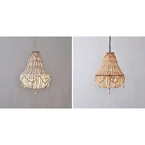 Lustre en perles de bois de style bohème semi-encastré fait à la main avec perles en bois, lampe à suspension pour salle à manger, salon, chambre à coucher, luminaire suspendu E27 3 lumières 14,97''D
