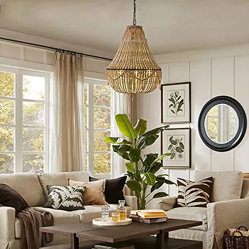 Lustre en perles de bois de style bohème semi-encastré fait à la main avec perles en bois, lampe à suspension pour salle à manger, salon, chambre à coucher, luminaire suspendu E27 3 lumières 14,97''D