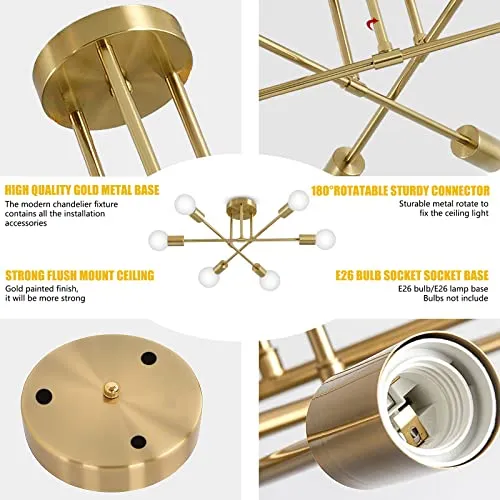 ANDAST Sputnik Plafonnier Industriel,Or Rétro Lampe de plafond 64cm E27/ E26,6-Lampe Lustre Vintage pour Chambre à coucher Salon (ampoule non incluse)