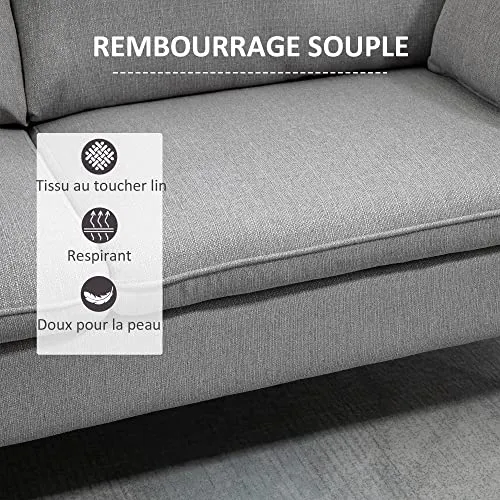 HOMCOM Canapés 2 Places Design Contemporain avec Coussins oreillers en Tissu de Lin et Pieds en Bois d'hévéa 200 x 87 x 95 cm Gris Clair