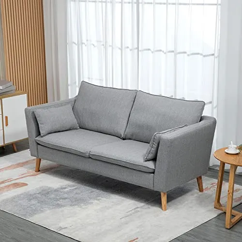 HOMCOM Canapés 2 Places Design Contemporain avec Coussins oreillers en Tissu de Lin et Pieds en Bois d'hévéa 200 x 87 x 95 cm Gris Clair