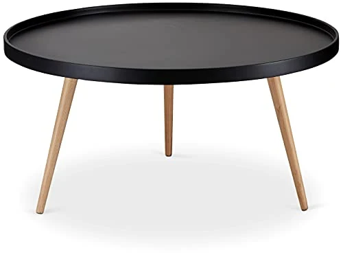 Furnhouse Ibbe Design Opus Ronde Table Basse de Salon Style Moderne Skandinave Table de Salon Noir, MDF et Bois Pieds en Bois de Hêtre Massif, 90x90x45 cm