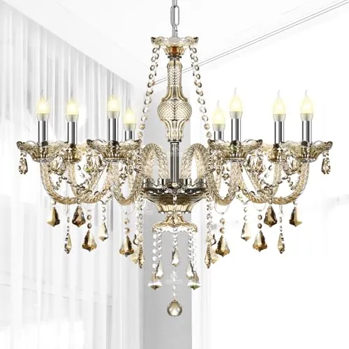 Ridgeyard Lustre Baroque Lustres de Plafond Moderne Lustre Cristal K9 Plafonnier Luminaire pour Salon Chambre Couloir Entrée, 8 Lumières, Cognac