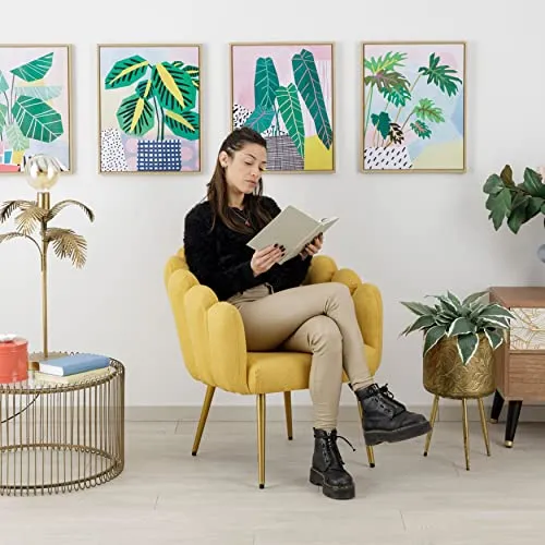 Baroni Home Fauteuil en Tissu avec Assise et Dossier Rembourrés, Fauteuil de Salon avec Jambes Dorées en Fer, Fauteuil Ergonomique et Confortable pour Chambre, Séjour, Bureau, Jaune, 67x64x77 cm