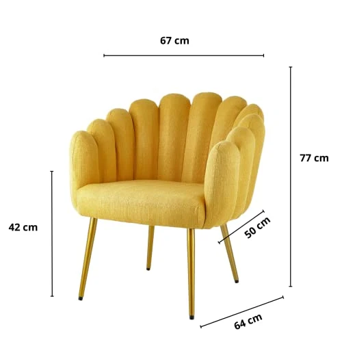 Baroni Home Fauteuil en Tissu avec Assise et Dossier Rembourrés, Fauteuil de Salon avec Jambes Dorées en Fer, Fauteuil Ergonomique et Confortable pour Chambre, Séjour, Bureau, Jaune, 67x64x77 cm