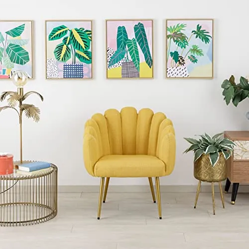 Baroni Home Fauteuil en Tissu avec Assise et Dossier Rembourrés, Fauteuil de Salon avec Jambes Dorées en Fer, Fauteuil Ergonomique et Confortable pour Chambre, Séjour, Bureau, Jaune, 67x64x77 cm
