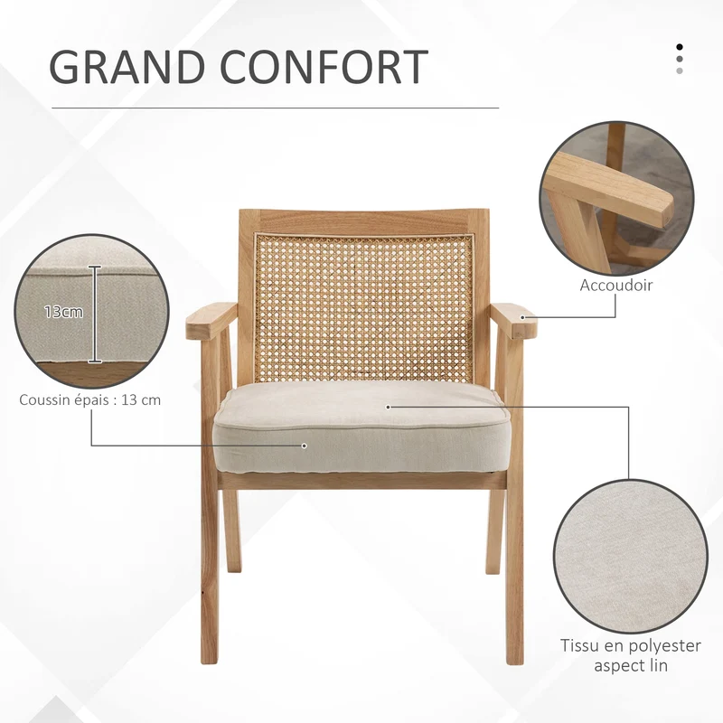 HOMCOM Fauteuil Lounge Chaise en Rotin avec Coussin - Dossier en cannage - Assise Profonde - accoudoirs - Structure Bois hévéa - Aspect Lin Beige
