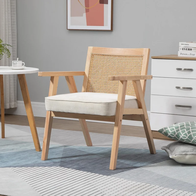 HOMCOM Fauteuil Lounge Chaise en Rotin avec Coussin - Dossier en cannage - Assise Profonde - accoudoirs - Structure Bois hévéa - Aspect Lin Beige