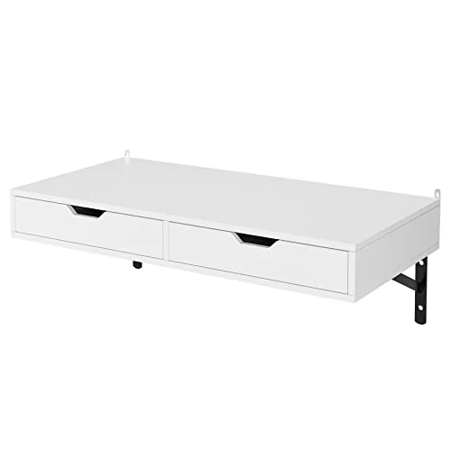 FOREHILL Bureau Mural Table Murale Étagère Suspendue avec 2 Tiroirs 2 Supports pour Chambre Salon Cuisine Couloir Blanc 80x40x40 cm