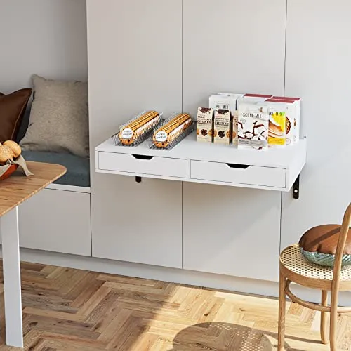 FOREHILL Bureau Mural Table Murale Étagère Suspendue avec 2 Tiroirs 2 Supports pour Chambre Salon Cuisine Couloir Blanc 80x40x40 cm