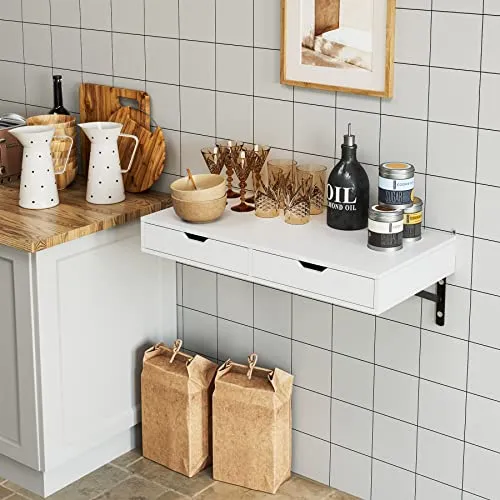 FOREHILL Bureau Mural Table Murale Étagère Suspendue avec 2 Tiroirs 2 Supports pour Chambre Salon Cuisine Couloir Blanc 80x40x40 cm
