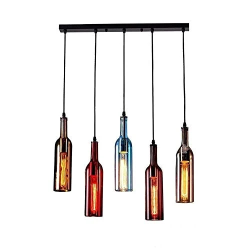 Raelf 5 têtes de verre Creative couleur Plafond d'éclairage Bouteille de vin Pendant Light Personality restaurant Suspension Fixture Loft Café Bar industriel Ferme Lustre Luminaires Décoration Lustre