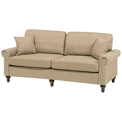 Canapé Fixe 3 Places Tapissé en Tissu Beige avec Clous Décoratifs pour Salon au Style Moderne Beliani