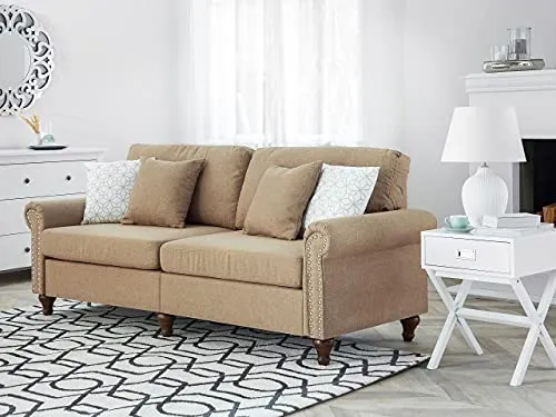 Canapé Fixe 3 Places Tapissé en Tissu Beige avec Clous Décoratifs pour Salon au Style Moderne Beliani
