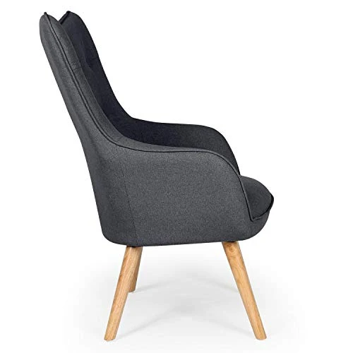 Chaise/Fauteuil Scandinave Gris foncé Capitonné | Assise Confortable en Tissu et Pieds en Bois | Modèle Klarys | L67 x P75 x H100 cm