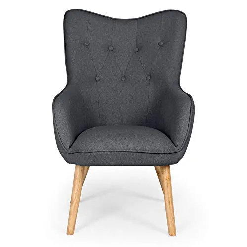Chaise/Fauteuil Scandinave Gris foncé Capitonné | Assise Confortable en Tissu et Pieds en Bois | Modèle Klarys | L67 x P75 x H100 cm