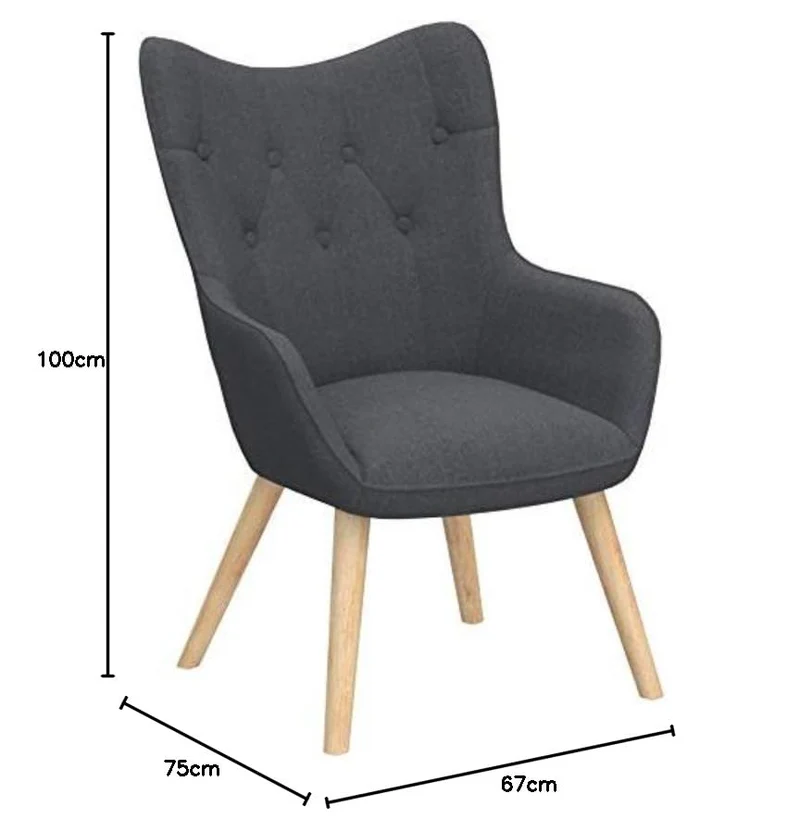 Chaise/Fauteuil Scandinave Gris foncé Capitonné | Assise Confortable en Tissu et Pieds en Bois | Modèle Klarys | L67 x P75 x H100 cm